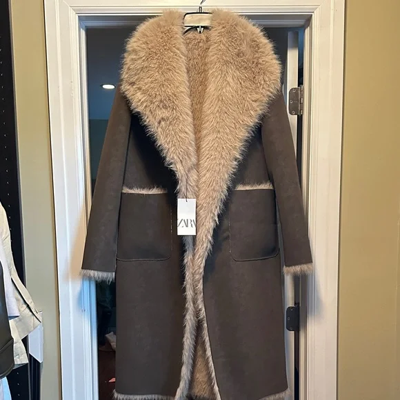 Zara Brown Shearling Coat - Picture 2 of 8